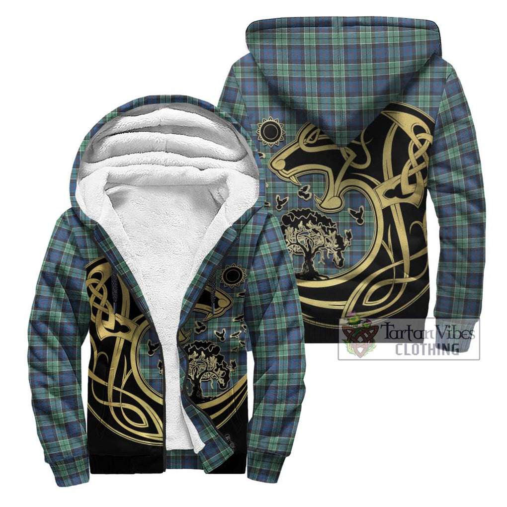 Leslie Hunting Ancient Tartan Sherpa Hoodie with Family Crest Celtic Wolf Style Unisex - Tartan Vibes Clothing