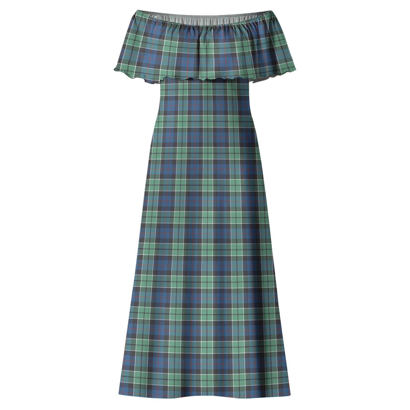 Leslie Hunting Ancient Tartan Off Shoulder Long Dress - Tartanvibesclothing