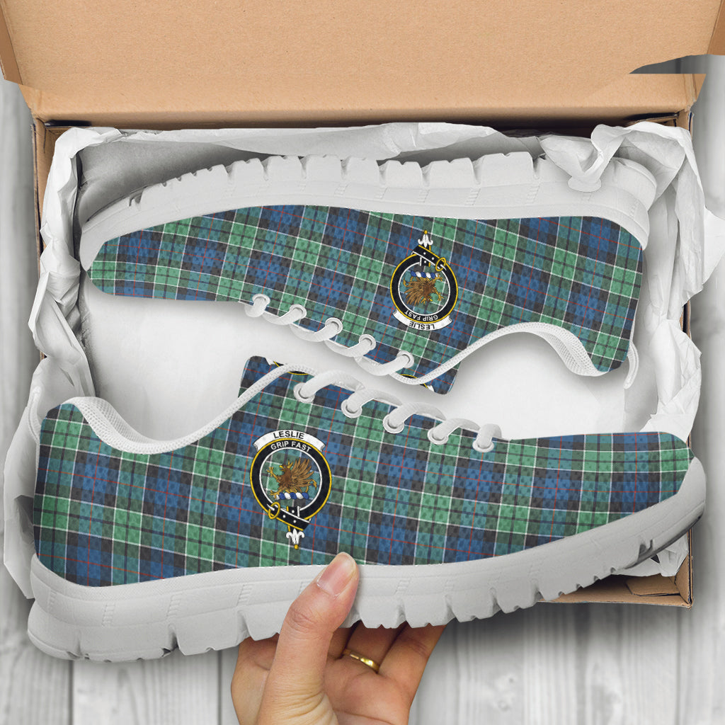 Leslie Hunting Ancient Tartan Sneakers with Family Crest - Tartan Vibes Clothing