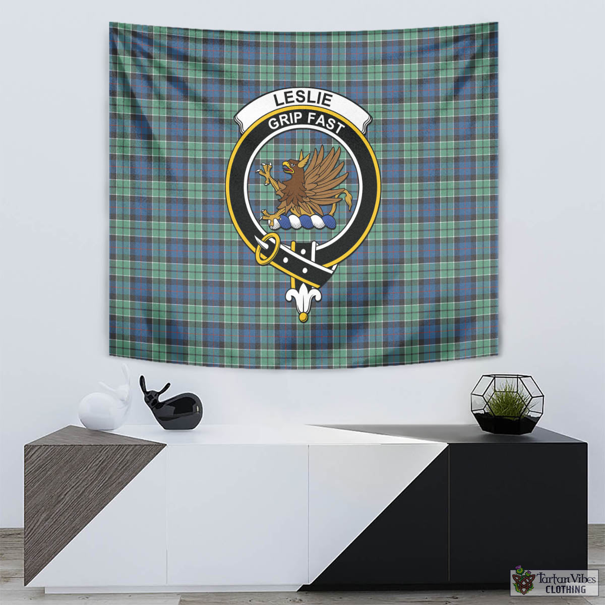 Tartan Vibes Clothing Leslie Hunting Ancient Tartan Tapestry Wall Hanging and Home Decor for Room with Family Crest