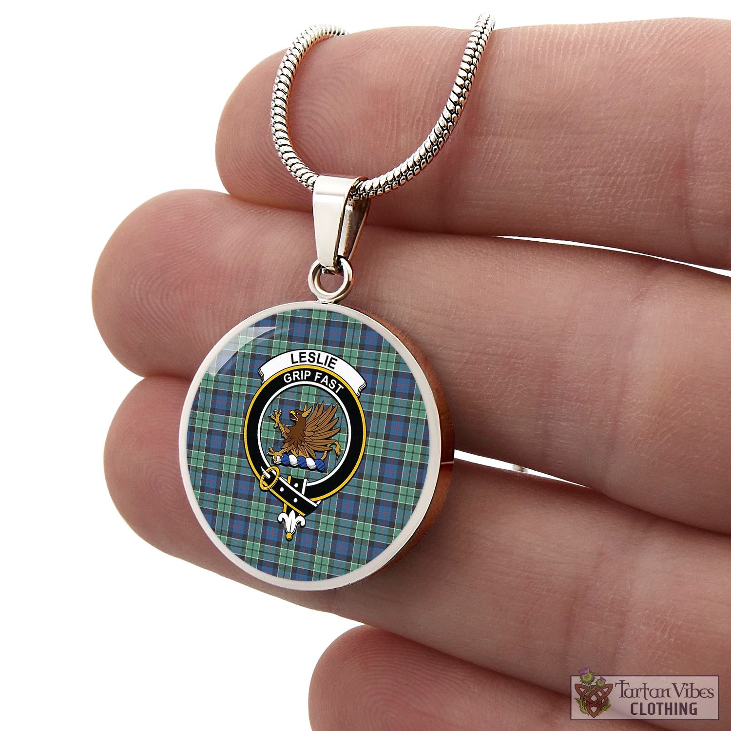 Tartan Vibes Clothing Leslie Hunting Ancient Tartan Circle Necklace with Family Crest