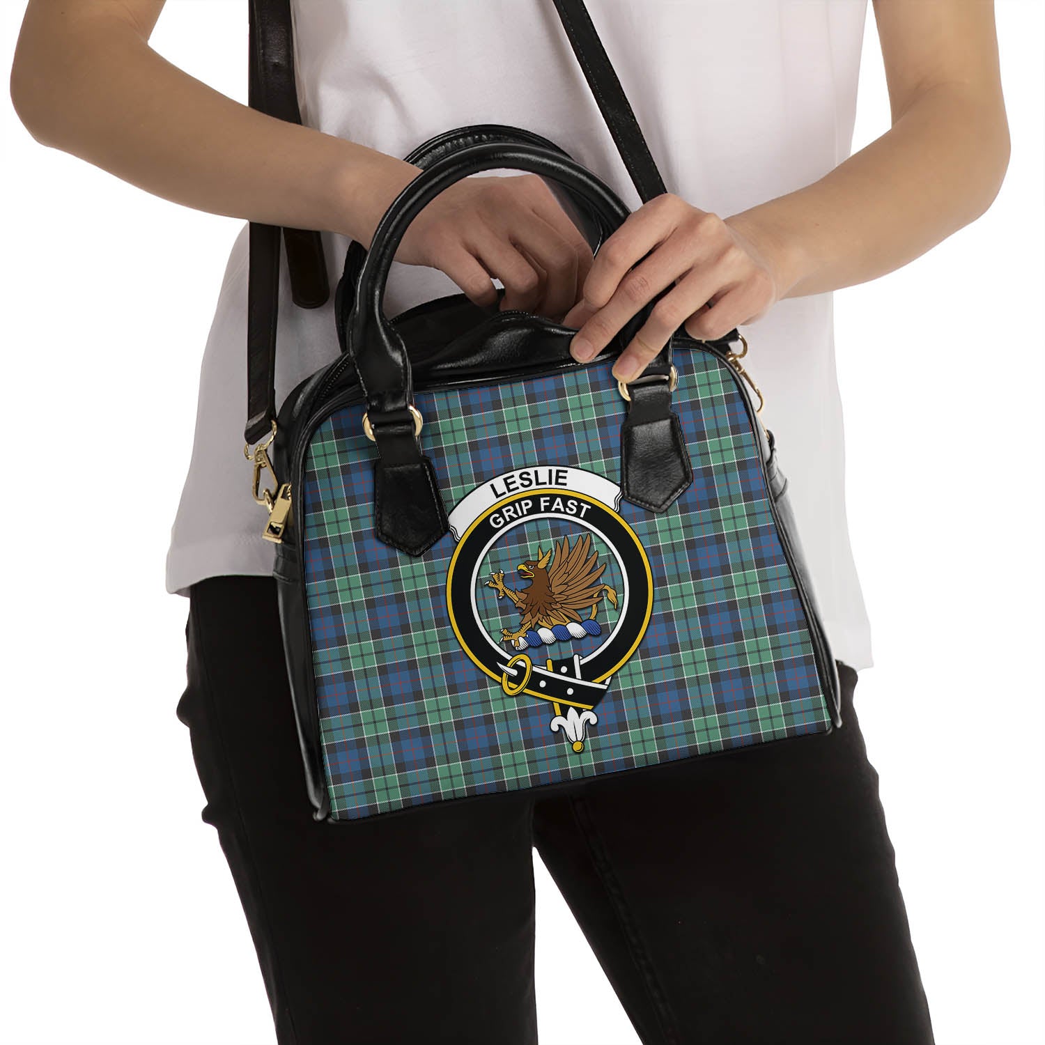 Leslie Hunting Ancient Tartan Shoulder Handbags with Family Crest - Tartanvibesclothing