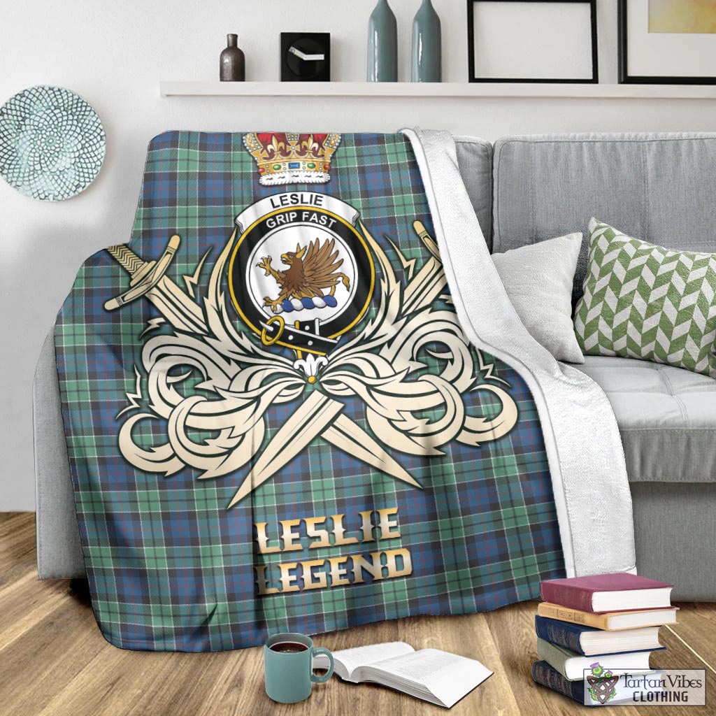 Tartan Vibes Clothing Leslie Hunting Ancient Tartan Blanket with Clan Crest and the Golden Sword of Courageous Legacy