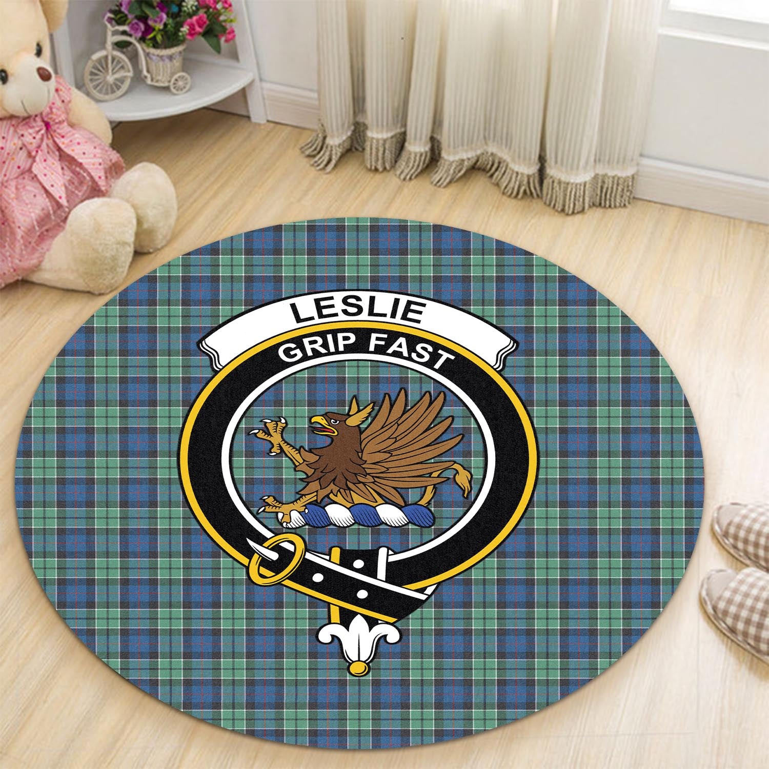 leslie-hunting-ancient-tartan-round-rug-with-family-crest