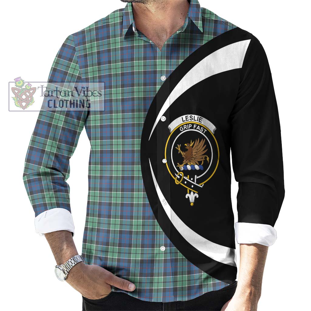 Leslie Hunting Ancient Tartan Long Sleeve Button Up with Family Crest Circle Style - Tartan Vibes Clothing