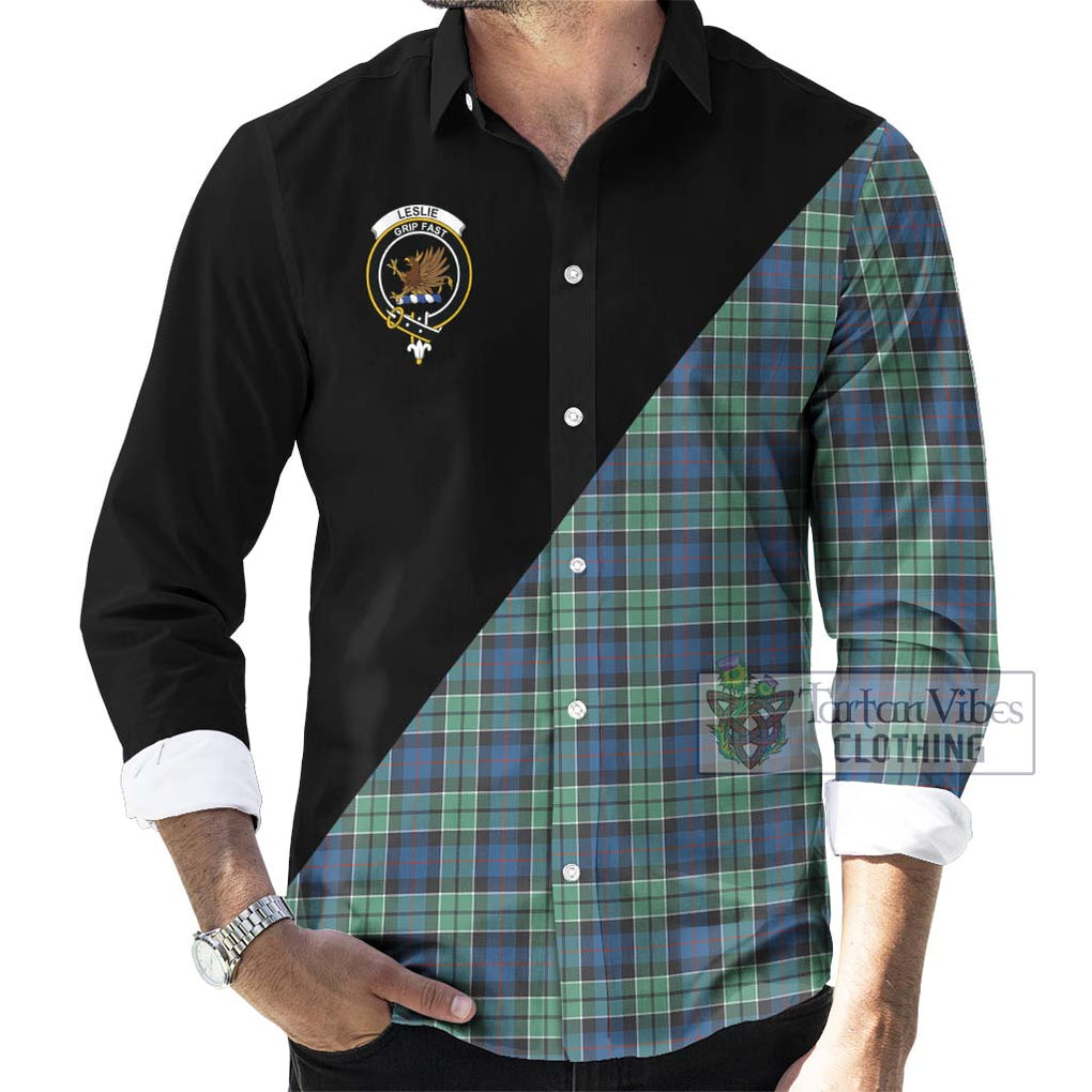 Leslie Hunting Ancient Tartan Long Sleeve Button Shirt with Family Crest and Military Logo Style - Tartanvibesclothing Shop