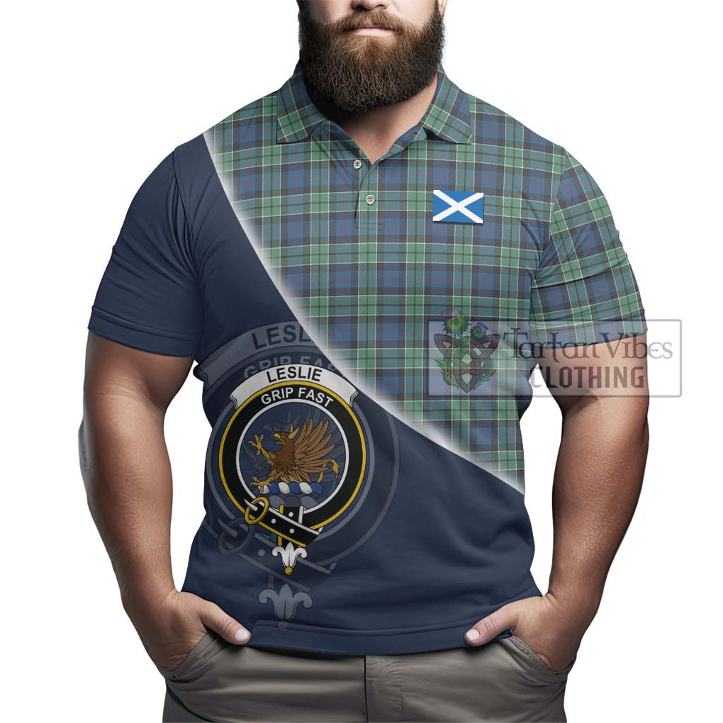 Leslie Hunting Ancient Tartan Polo Shirt with Personalised National Flag and Family Crest Half Style - Tartanvibesclothing Shop