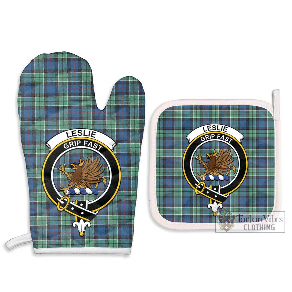 Leslie Hunting Ancient Tartan Combo Oven Mitt & Pot-Holder with Family Crest Combo 1 Oven Mitt & 2 Pot-Holder White - Tartan Vibes Clothing