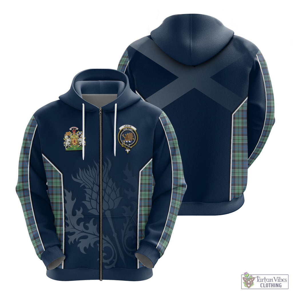 Tartan Vibes Clothing Leslie Hunting Ancient Tartan Hoodie with Family Crest and Scottish Thistle Vibes Sport Style