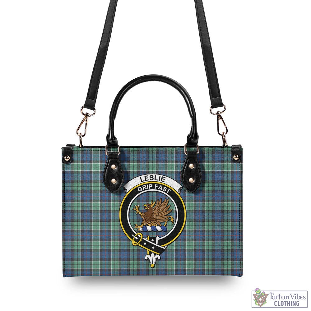 Tartan Vibes Clothing Leslie Hunting Ancient Tartan Luxury Leather Handbags with Family Crest