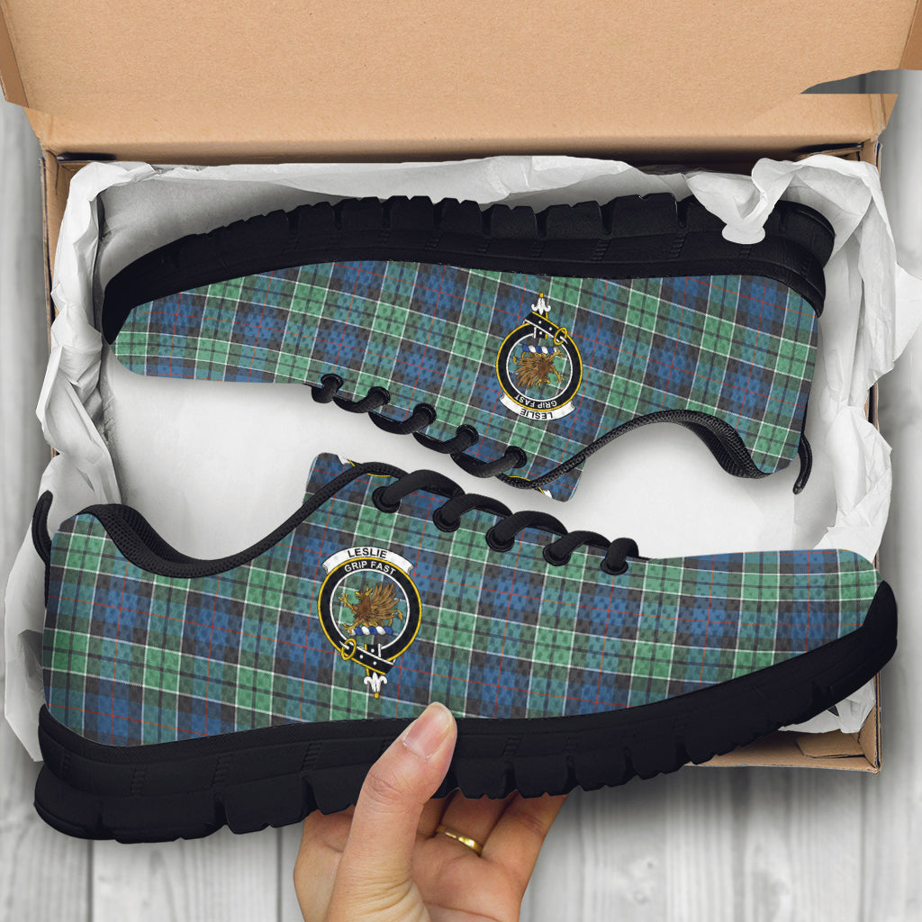 Leslie Hunting Ancient Tartan Sneakers with Family Crest - Tartan Vibes Clothing