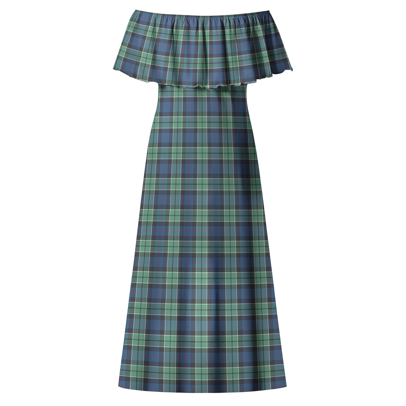 Leslie Hunting Ancient Tartan Off Shoulder Long Dress - Tartanvibesclothing