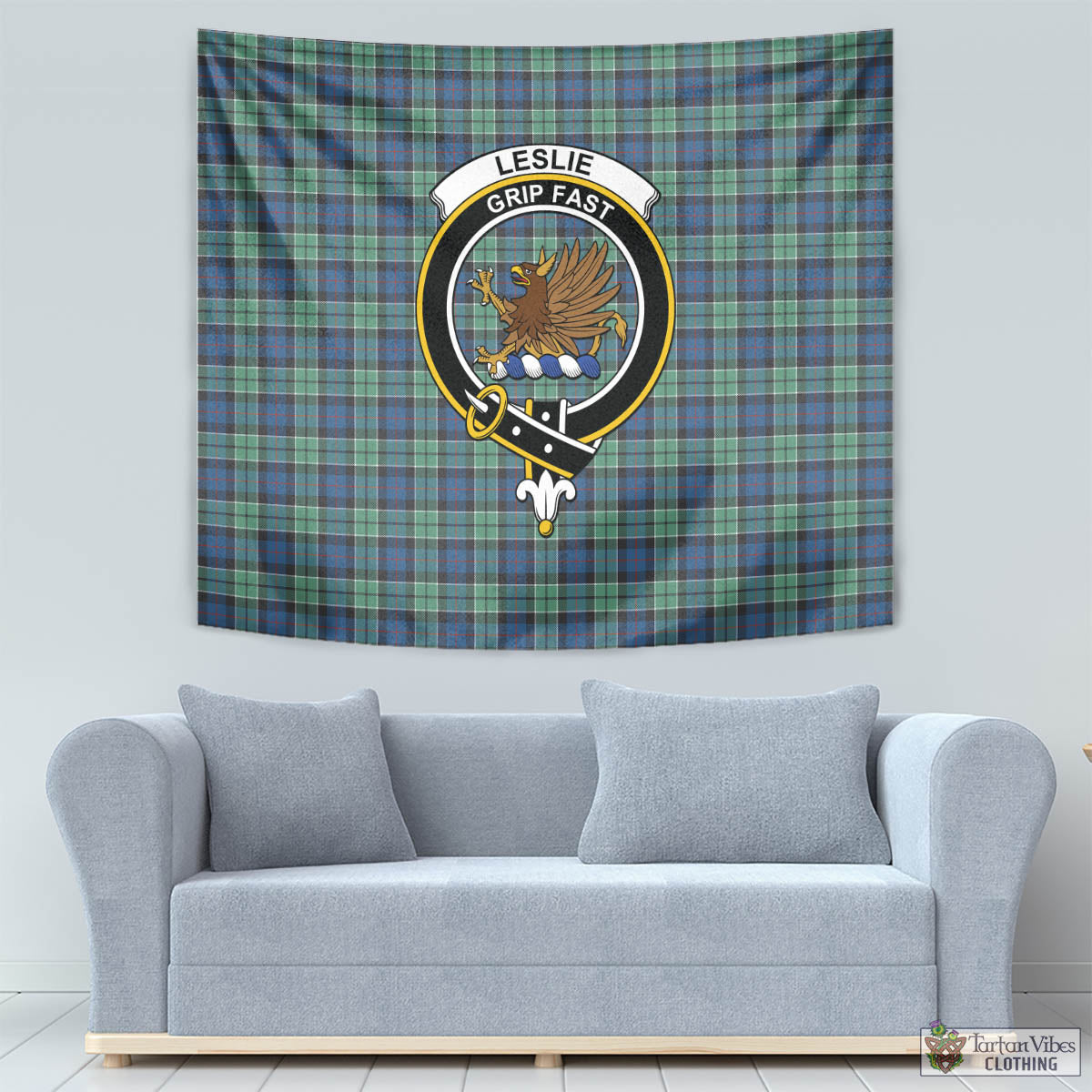 Tartan Vibes Clothing Leslie Hunting Ancient Tartan Tapestry Wall Hanging and Home Decor for Room with Family Crest