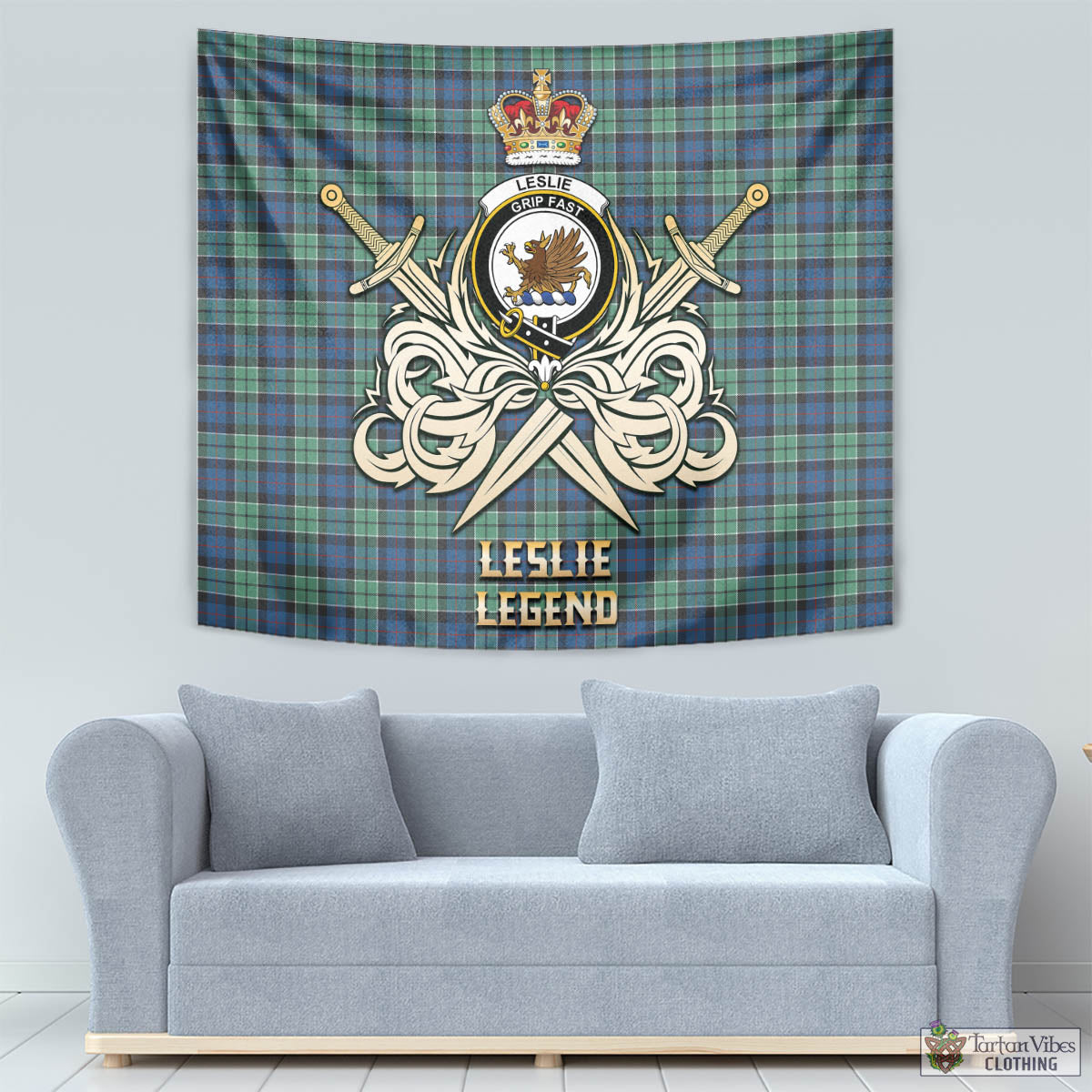 Tartan Vibes Clothing Leslie Hunting Ancient Tartan Tapestry with Clan Crest and the Golden Sword of Courageous Legacy