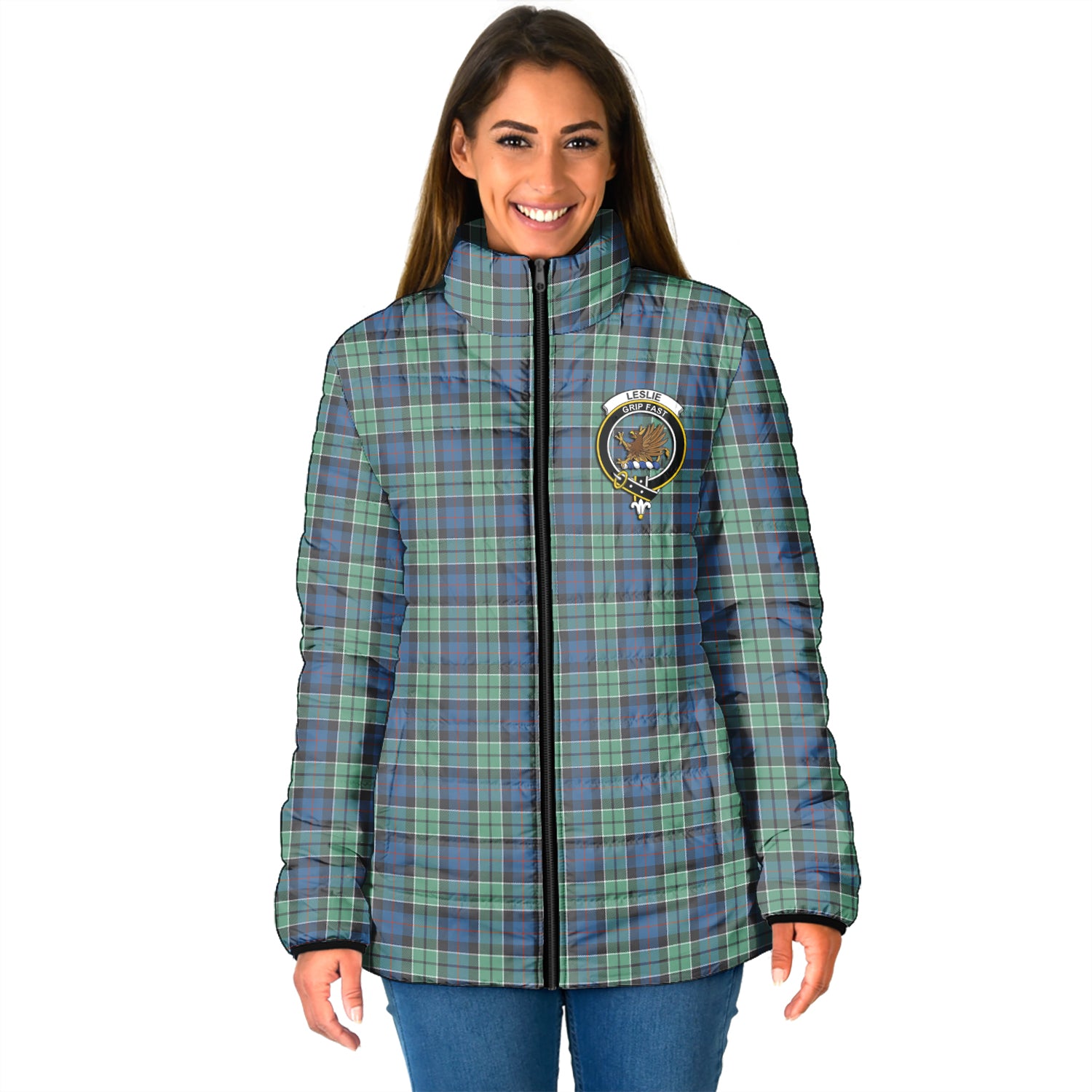 Leslie Hunting Ancient Tartan Padded Jacket with Family Crest - Tartan Vibes Clothing