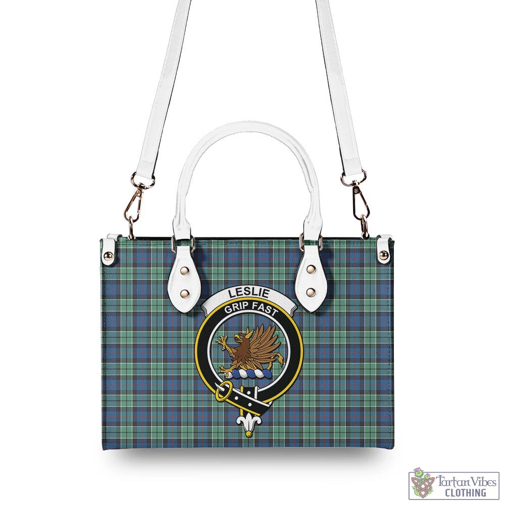 Tartan Vibes Clothing Leslie Hunting Ancient Tartan Luxury Leather Handbags with Family Crest