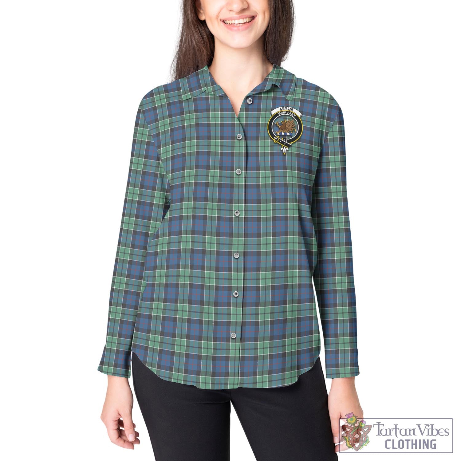 Tartan Vibes Clothing Leslie Hunting Ancient Tartan Womens Casual Shirt with Family Crest