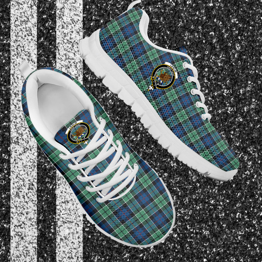 Leslie Hunting Ancient Tartan Sneakers with Family Crest - Tartan Vibes Clothing