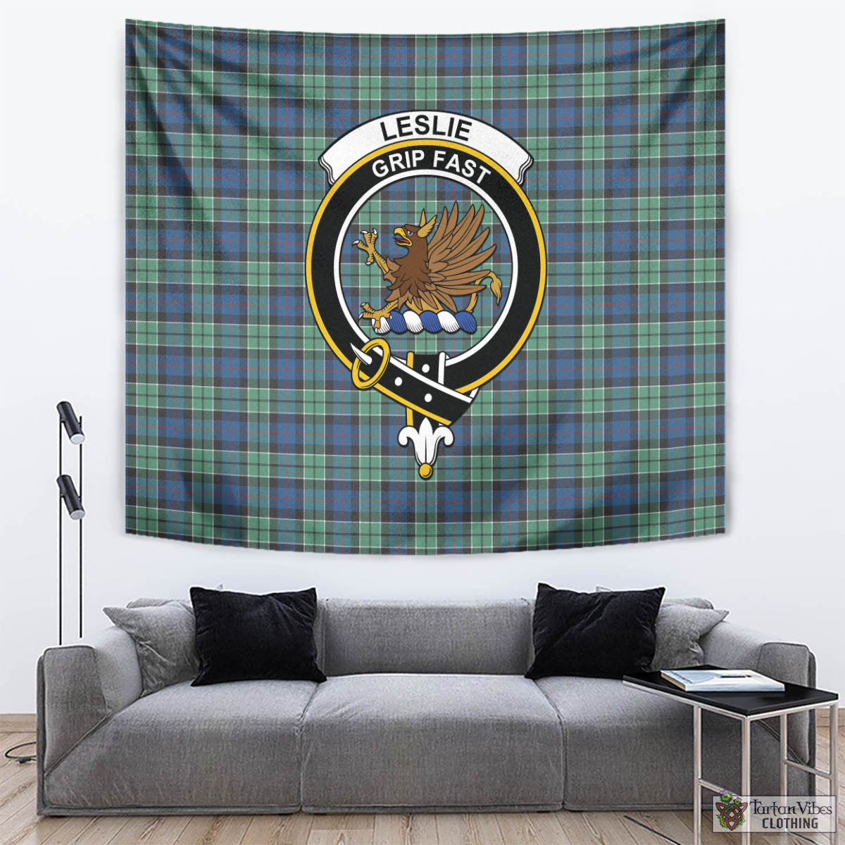 Tartan Vibes Clothing Leslie Hunting Ancient Tartan Tapestry Wall Hanging and Home Decor for Room with Family Crest