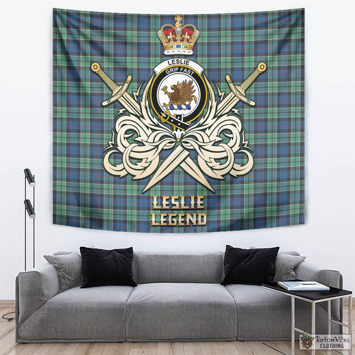 Tartan Vibes Clothing Leslie Hunting Ancient Tartan Tapestry with Clan Crest and the Golden Sword of Courageous Legacy