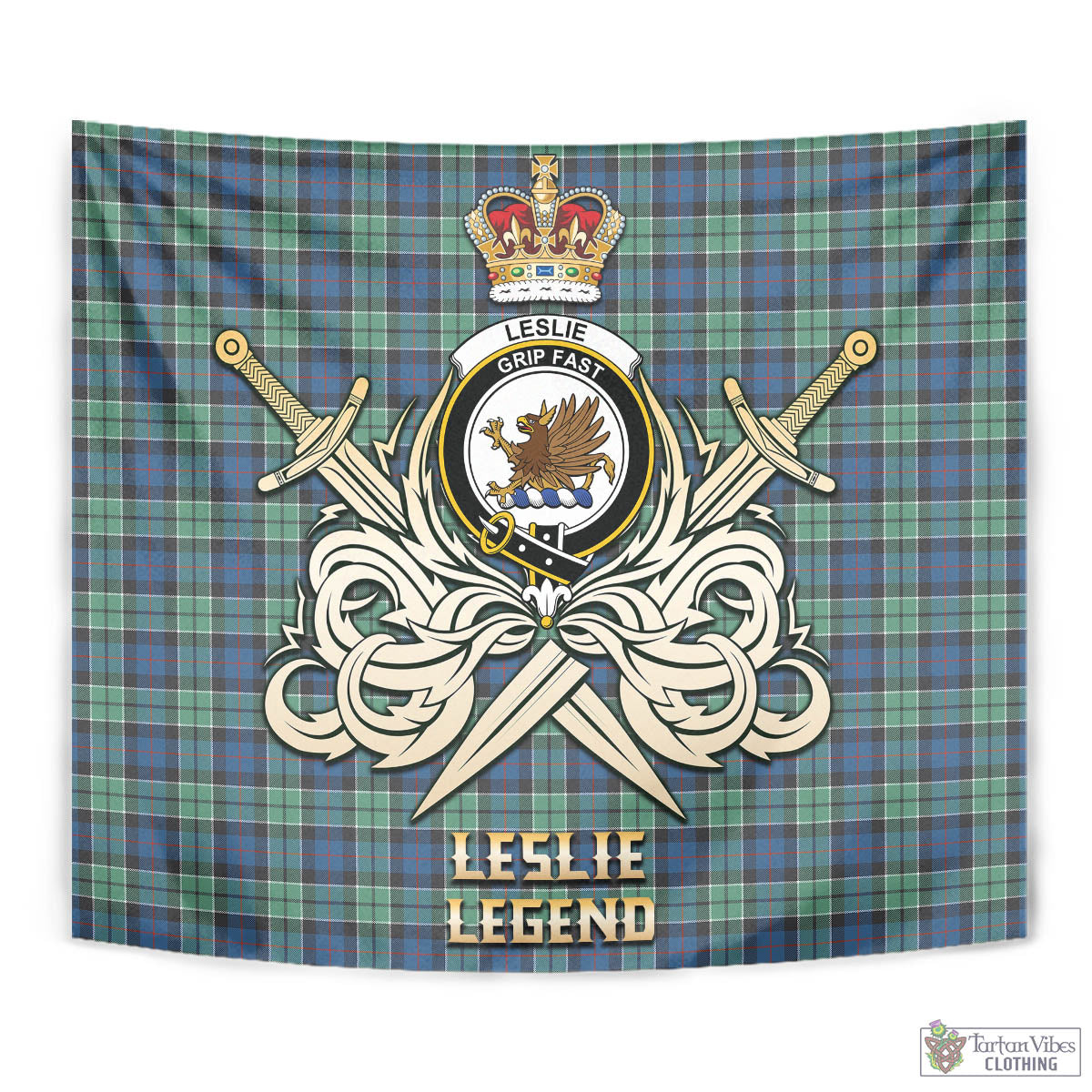 Tartan Vibes Clothing Leslie Hunting Ancient Tartan Tapestry with Clan Crest and the Golden Sword of Courageous Legacy