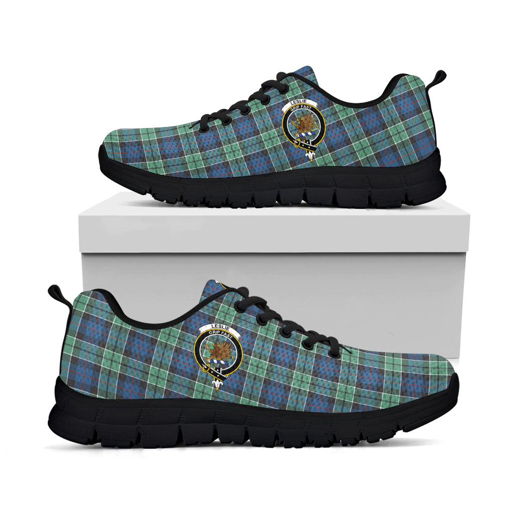 Leslie Hunting Ancient Tartan Sneakers with Family Crest - Tartan Vibes Clothing