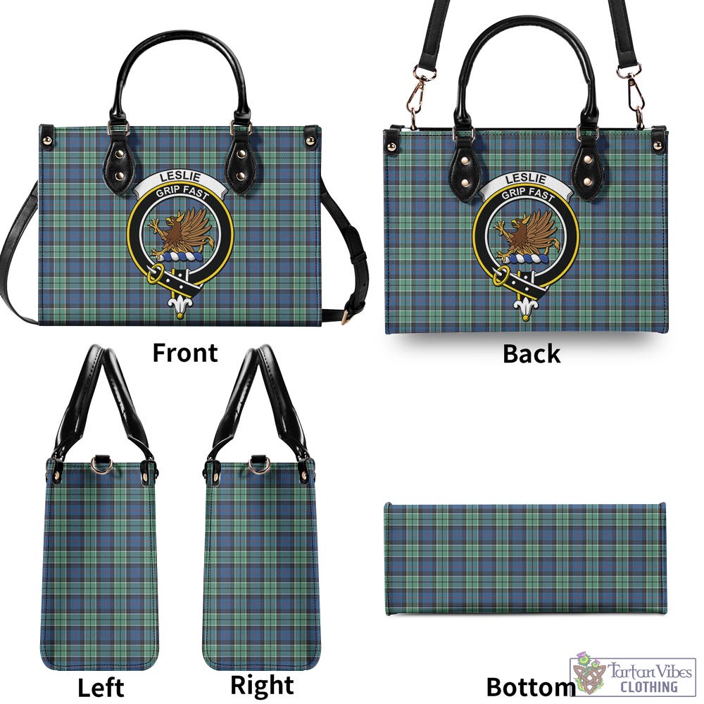 Tartan Vibes Clothing Leslie Hunting Ancient Tartan Luxury Leather Handbags with Family Crest