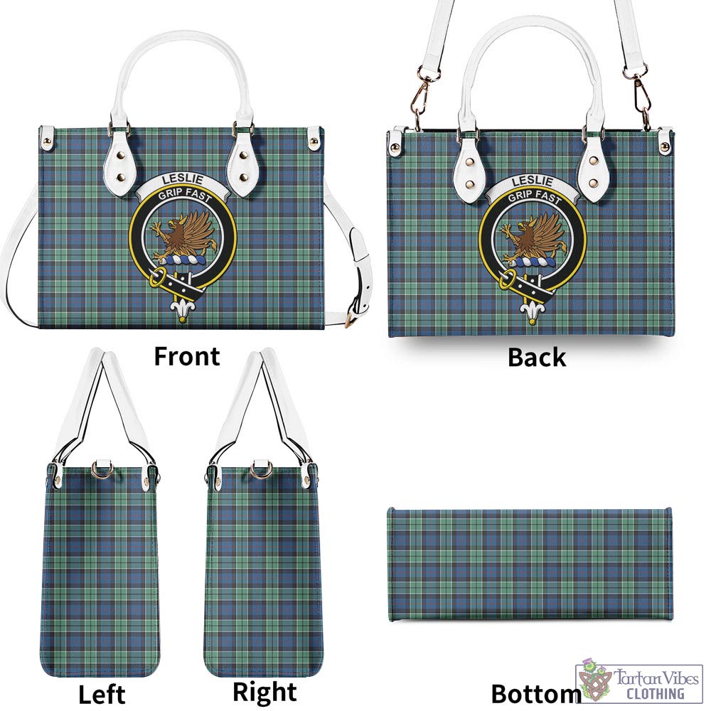 Tartan Vibes Clothing Leslie Hunting Ancient Tartan Luxury Leather Handbags with Family Crest