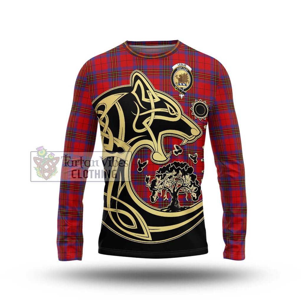 Leslie Tartan Long Sleeve T-Shirt with Family Crest Celtic Wolf Style Unisex - Tartan Vibes Clothing