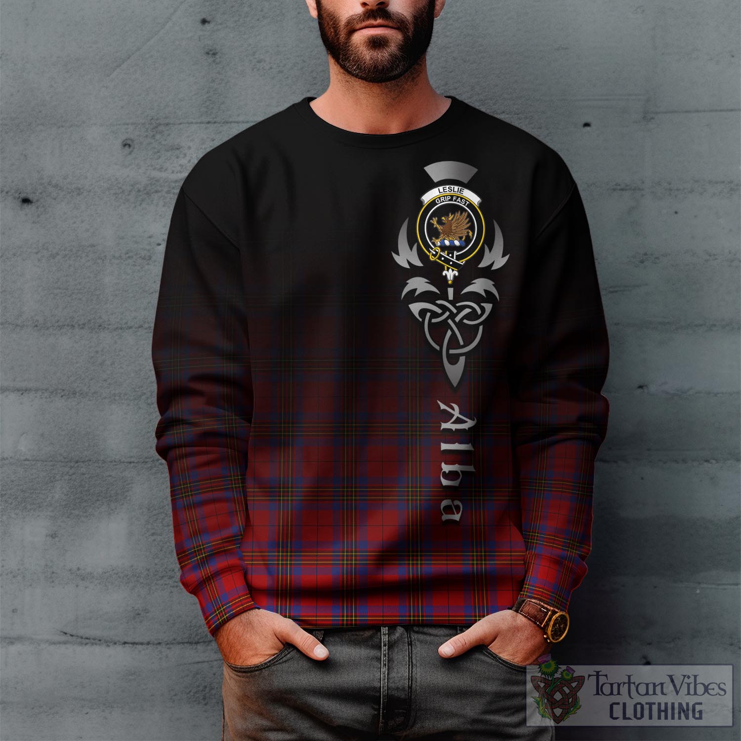 Tartan Vibes Clothing Leslie Modern Tartan Sweatshirt Featuring Alba Gu Brath Family Crest Celtic Inspired