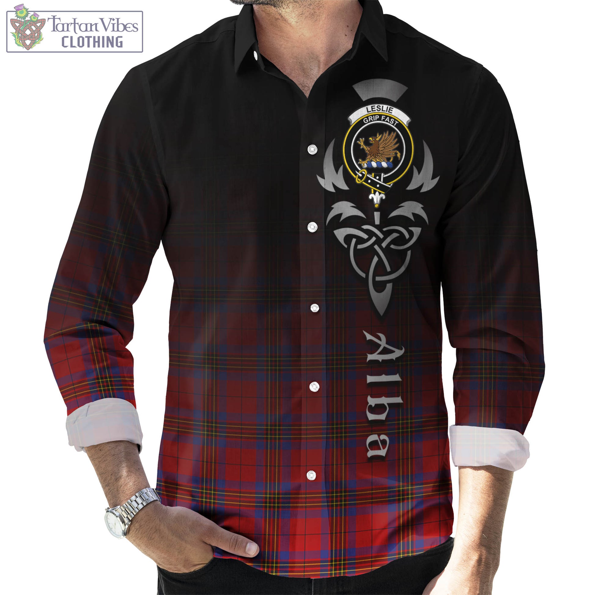 Tartan Vibes Clothing Leslie Modern Tartan Long Sleeve Button Up Featuring Alba Gu Brath Family Crest Celtic Inspired