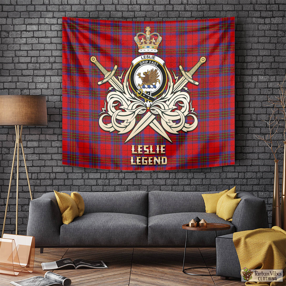 Tartan Vibes Clothing Leslie Modern Tartan Tapestry with Clan Crest and the Golden Sword of Courageous Legacy