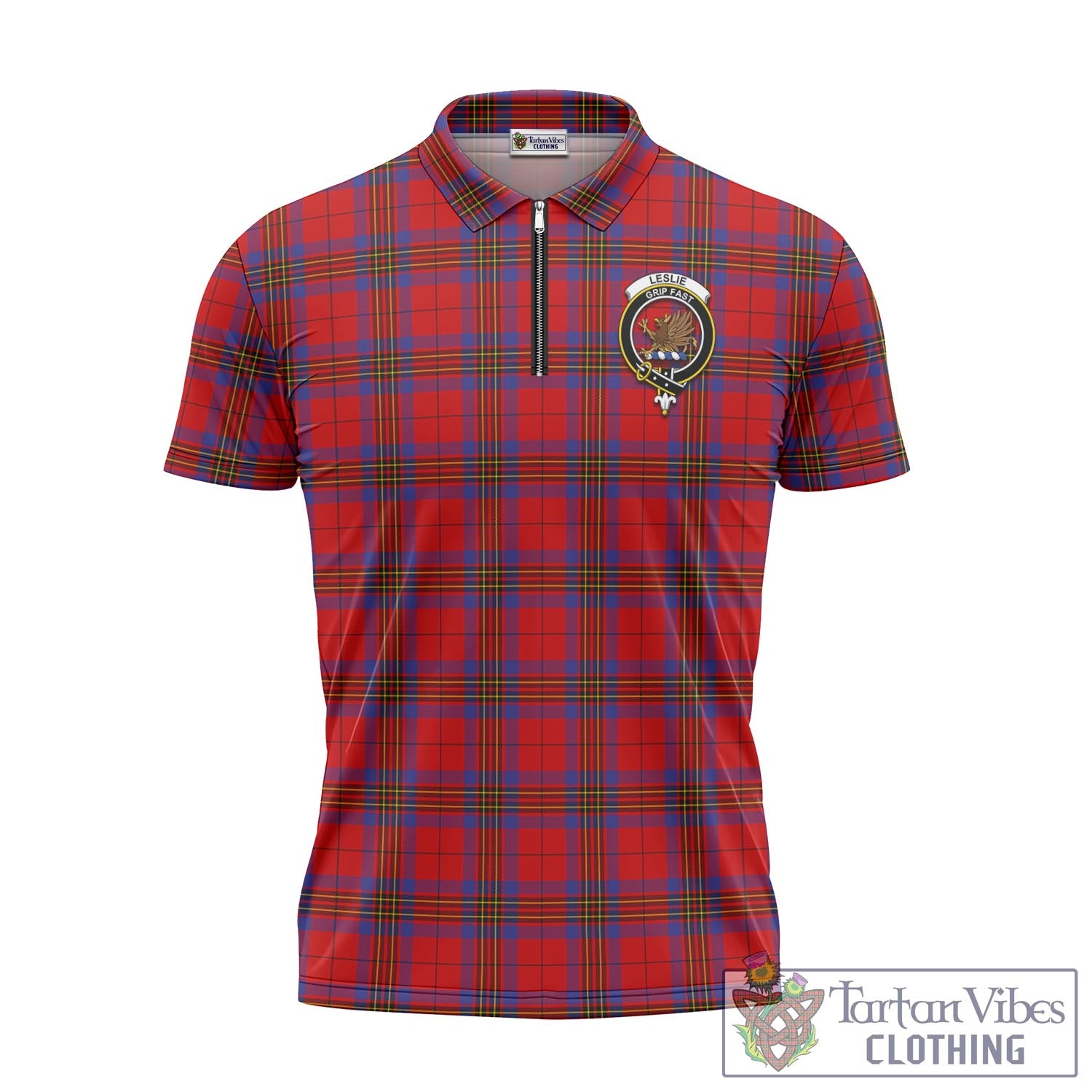 Tartan Vibes Clothing Leslie Modern Tartan Zipper Polo Shirt with Family Crest