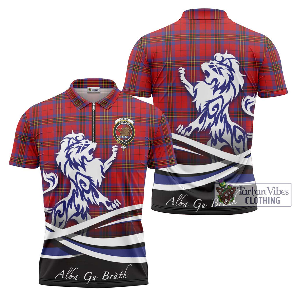 Leslie Tartan Zipper Polo Shirt with Alba Gu Brath Regal Lion Emblem Unisex - Tartanvibesclothing Shop