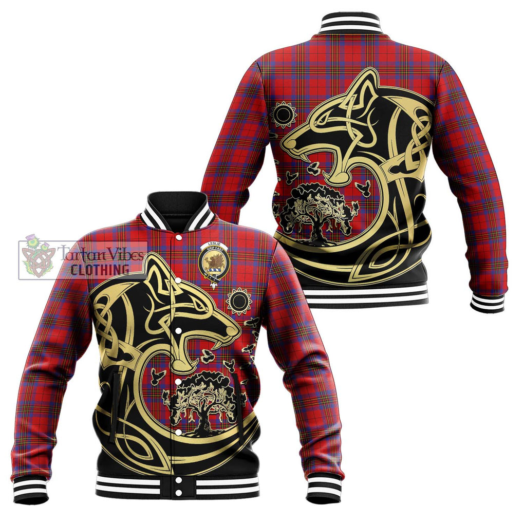 Leslie Tartan Baseball Jacket with Family Crest Celtic Wolf Style Unisex - Tartan Vibes Clothing