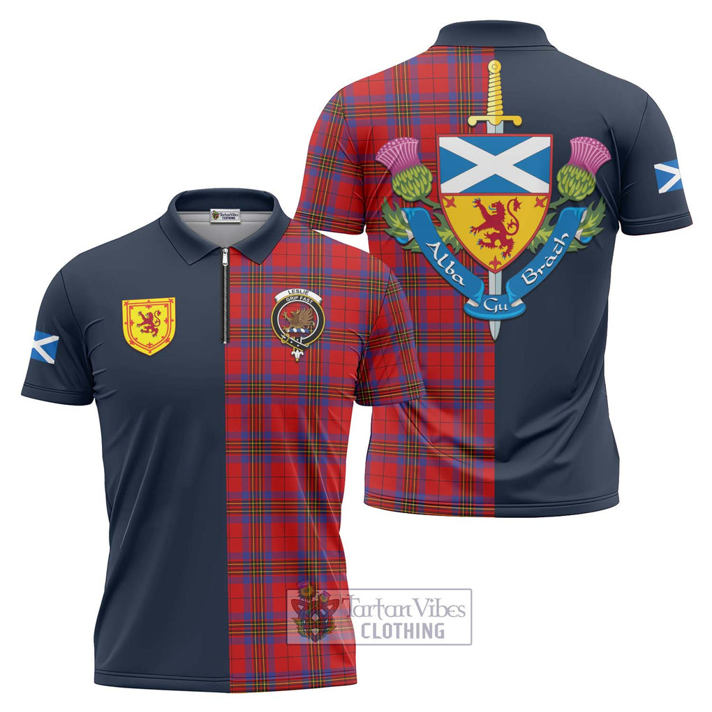 Tartan Vibes Clothing Leslie Modern Tartan Zipper Polo Shirt with Scottish Lion Royal Arm Half Style