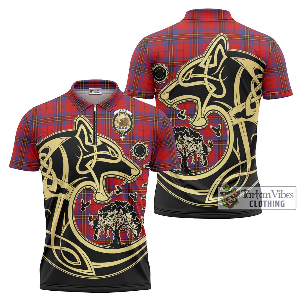 Leslie Tartan Zipper Polo Shirt with Family Crest Celtic Wolf Style Unisex - Tartanvibesclothing Shop