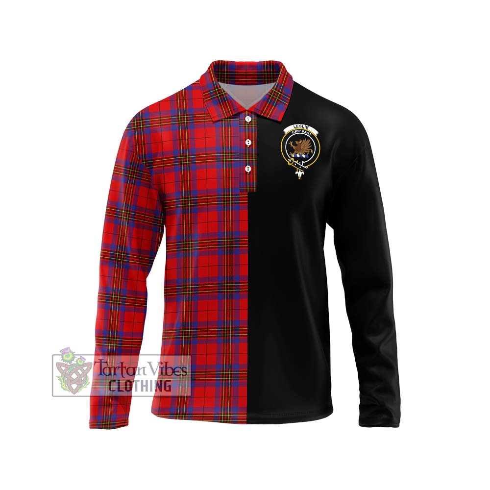 Leslie Tartan Long Sleeve Polo Shirt with Family Crest and Half Of Me Style Unisex - Tartanvibesclothing Shop