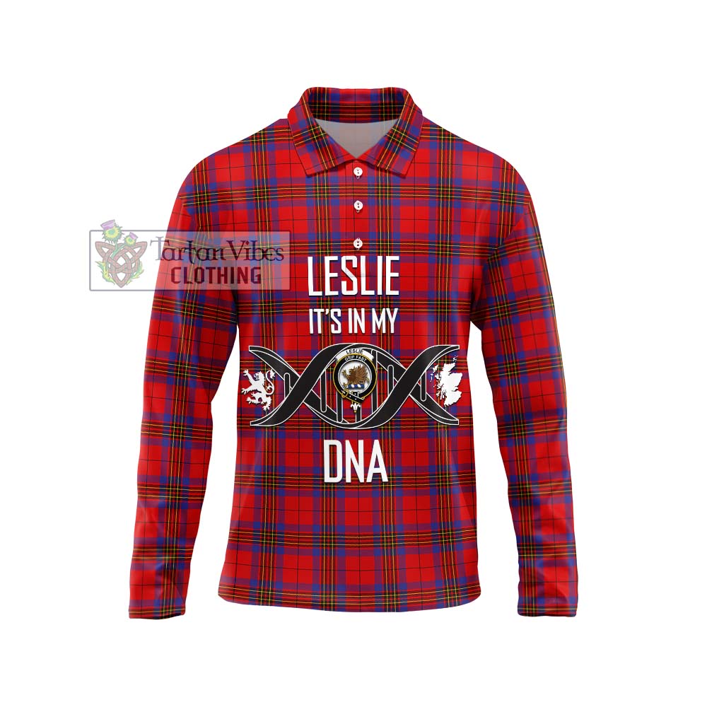 Leslie Tartan Long Sleeve Polo Shirt with Family Crest DNA In Me Style Unisex - Tartanvibesclothing Shop