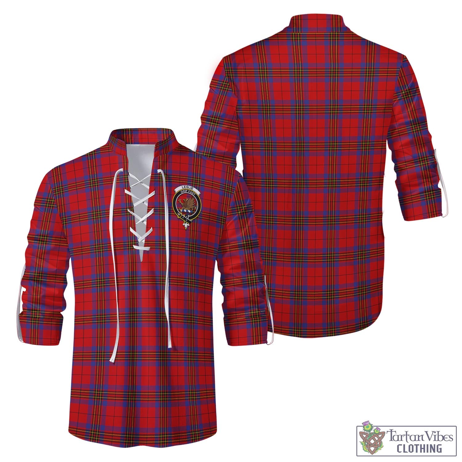 Tartan Vibes Clothing Leslie Modern Tartan Men's Scottish Traditional Jacobite Ghillie Kilt Shirt with Family Crest