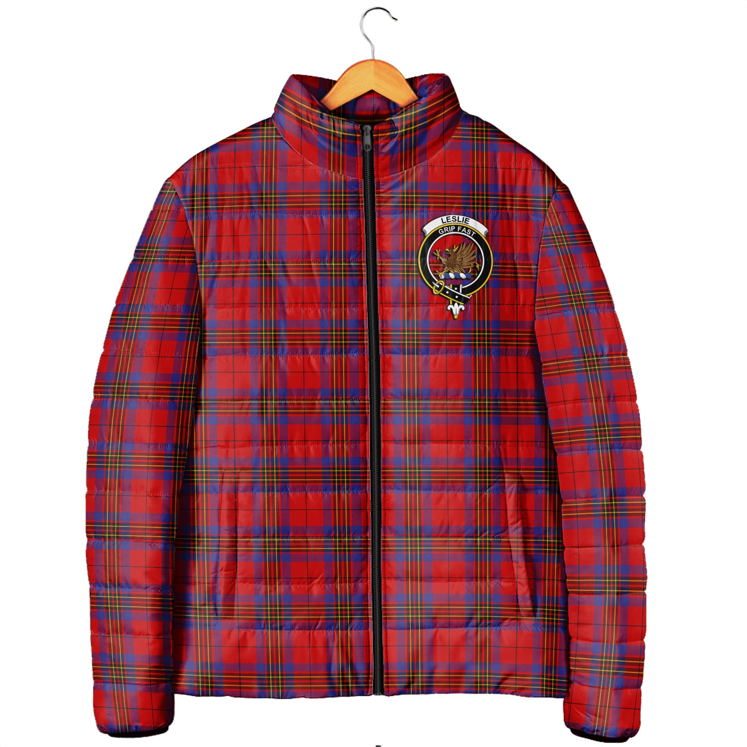 Leslie Tartan Padded Jacket with Family Crest Men's Padded Jacket - Tartan Vibes Clothing