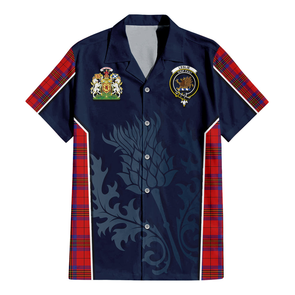 Tartan Vibes Clothing Leslie Modern Tartan Short Sleeve Button Up Shirt with Family Crest and Scottish Thistle Vibes Sport Style