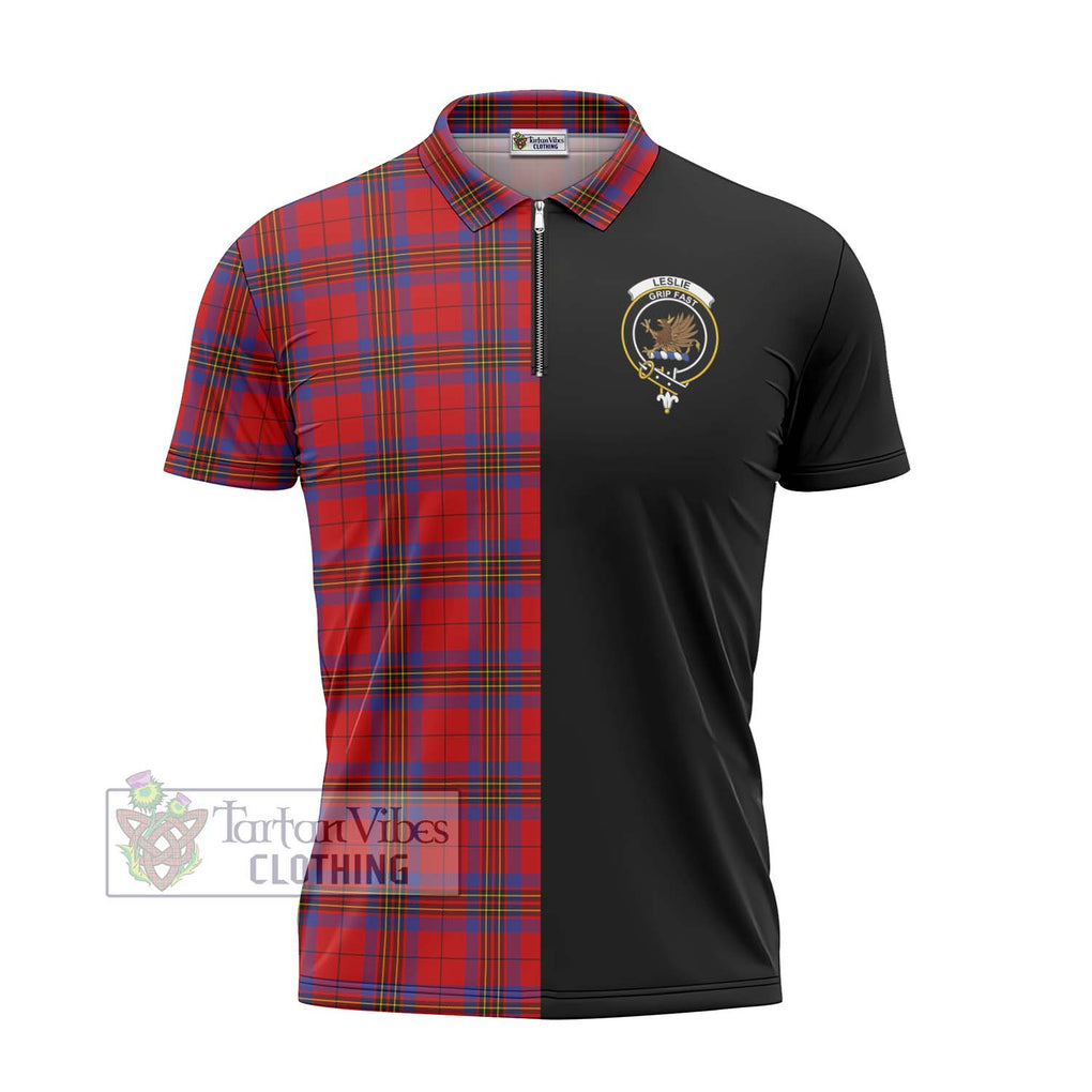 Leslie Tartan Zipper Polo Shirt with Family Crest and Half Of Me Style - Tartanvibesclothing Shop