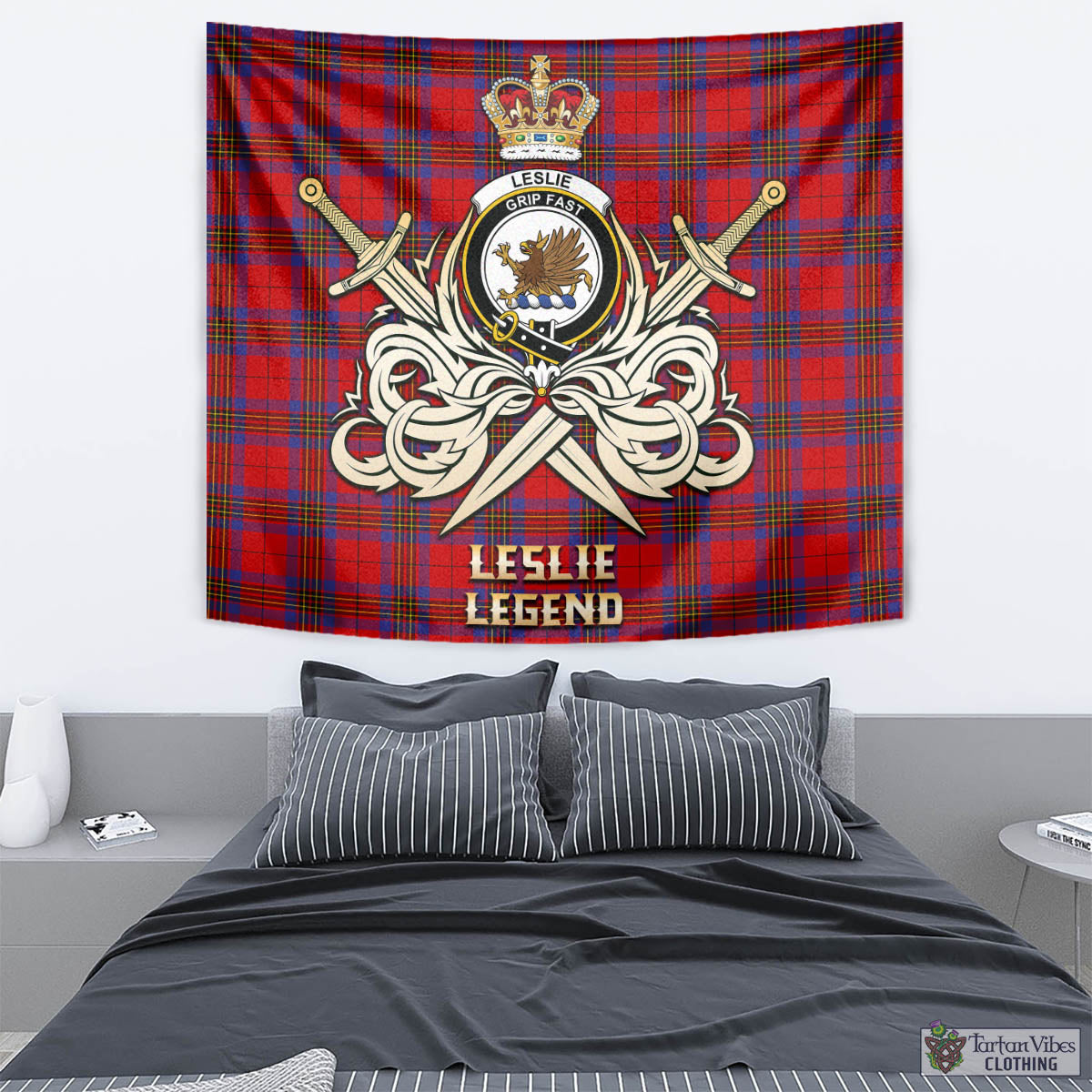 Tartan Vibes Clothing Leslie Modern Tartan Tapestry with Clan Crest and the Golden Sword of Courageous Legacy