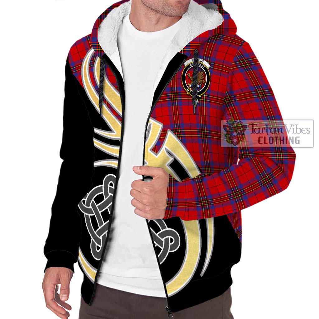 Leslie Tartan Sherpa Hoodie with Family Crest and Celtic Symbol Style - Tartan Vibes Clothing