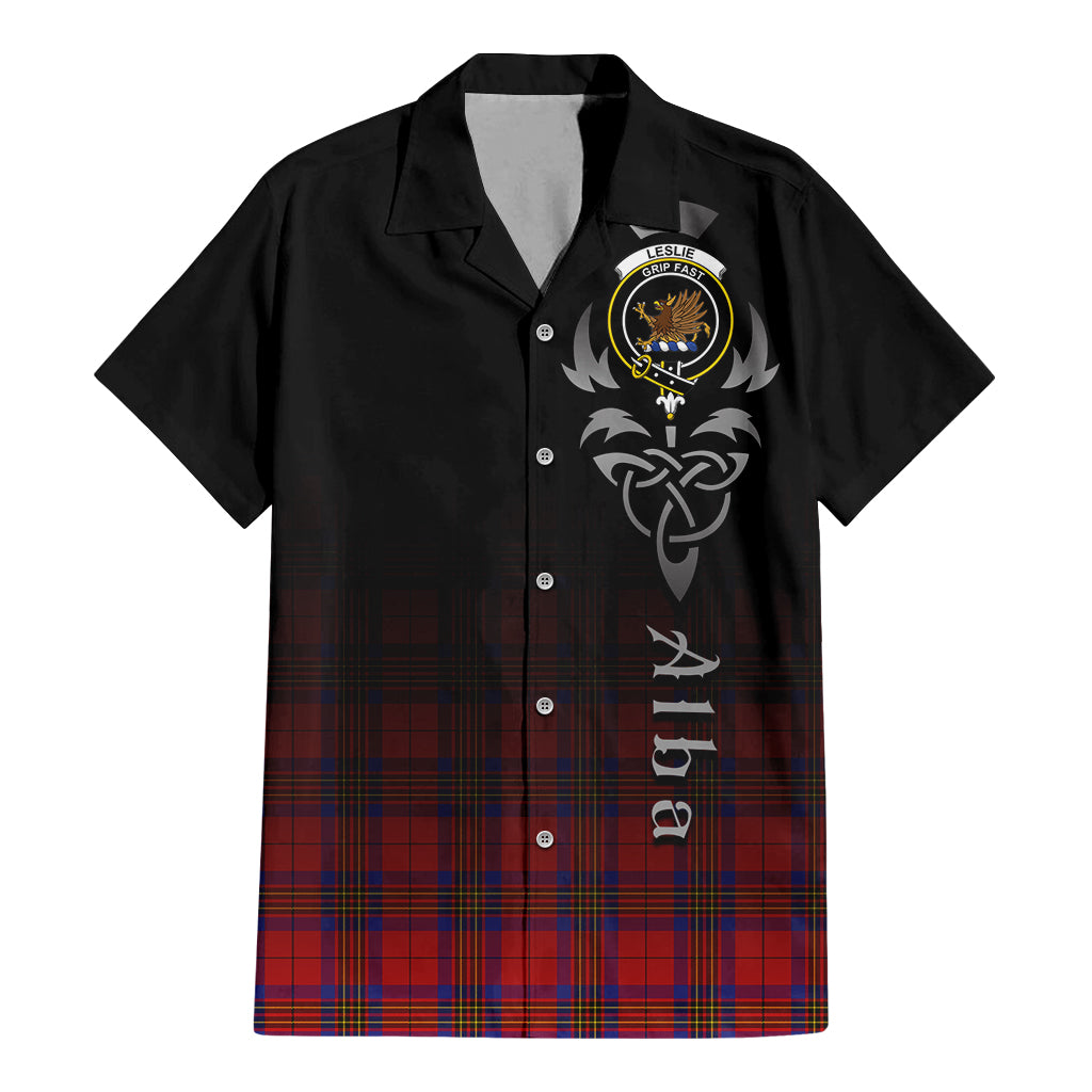 Tartan Vibes Clothing Leslie Modern Tartan Short Sleeve Button Up Featuring Alba Gu Brath Family Crest Celtic Inspired