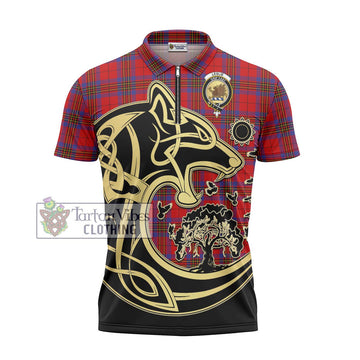 Leslie Tartan Zipper Polo Shirt with Family Crest Celtic Wolf Style