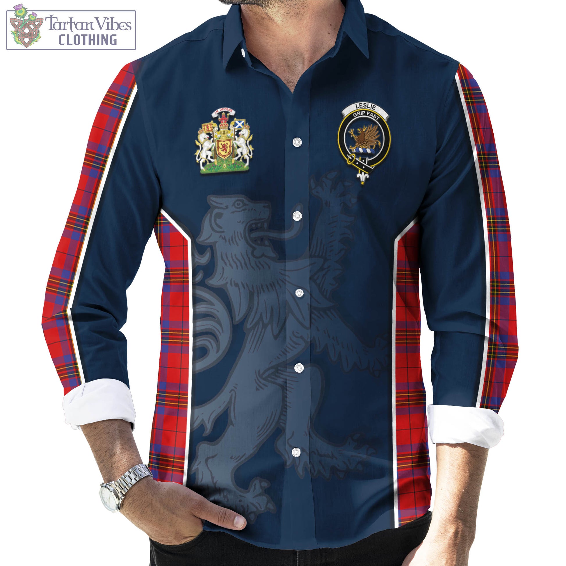 Tartan Vibes Clothing Leslie Modern Tartan Long Sleeve Button Up Shirt with Family Crest and Lion Rampant Vibes Sport Style