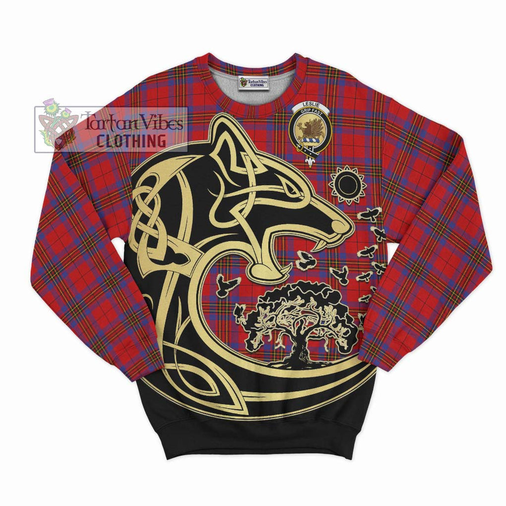 Leslie Tartan Sweatshirt with Family Crest Celtic Wolf Style - Tartan Vibes Clothing