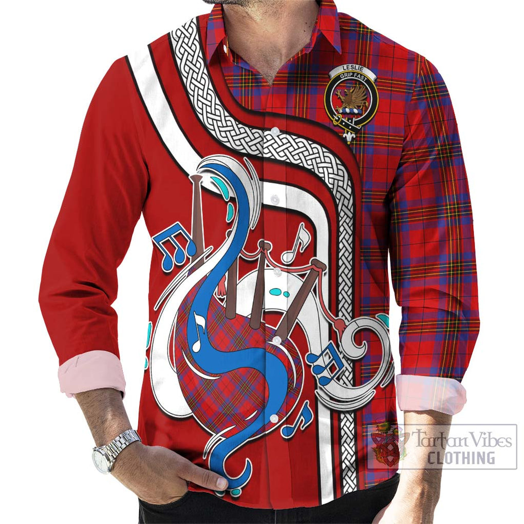 Leslie Tartan Long Sleeve Button Shirt with Epic Bagpipe Style - Tartanvibesclothing Shop